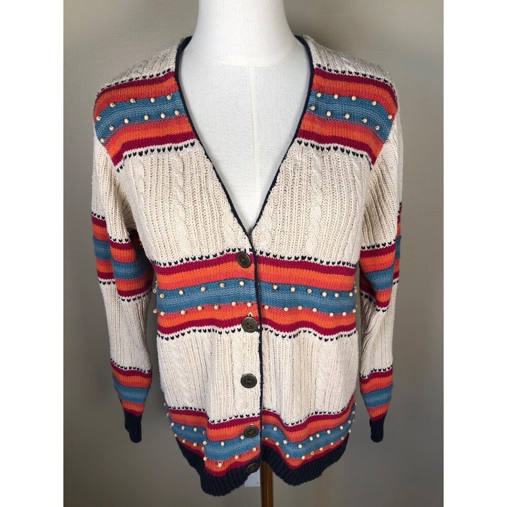 Russ Vintage Cable Knit Multi Color Cardigan Size PM